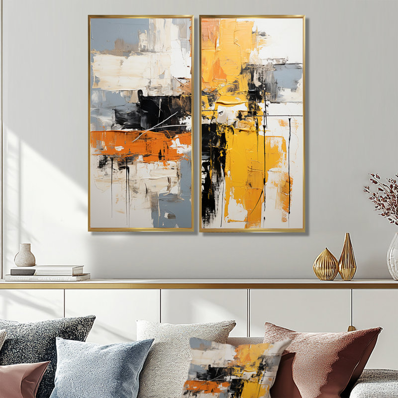 Abstrait collage jaune et noir II - art mural jaune 2 pièces, H 40 po x l 40 po, Impression encadrée flottante, Doré