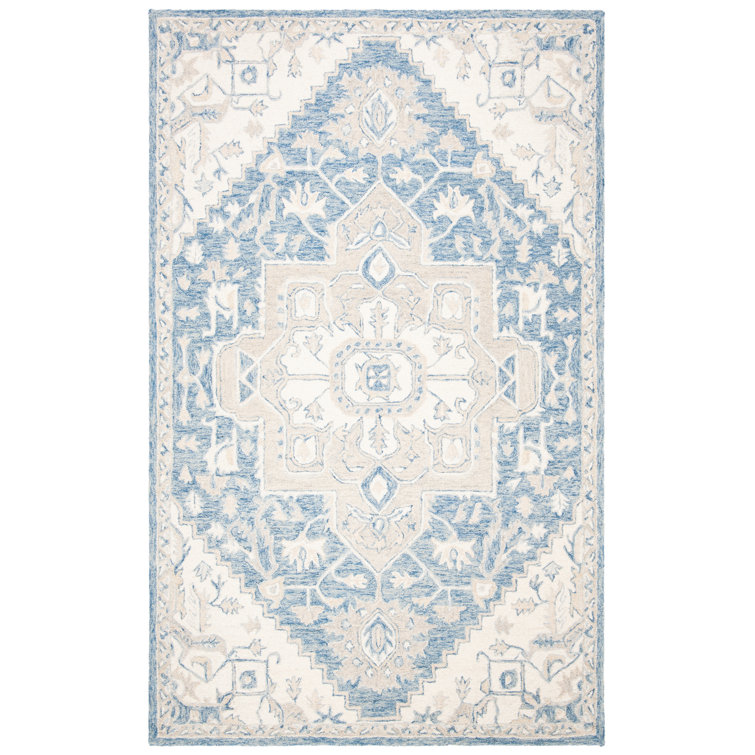 Cyrilmagnin Hand Tufted Wool Cotton Oriental Rug in Ivory/Blue