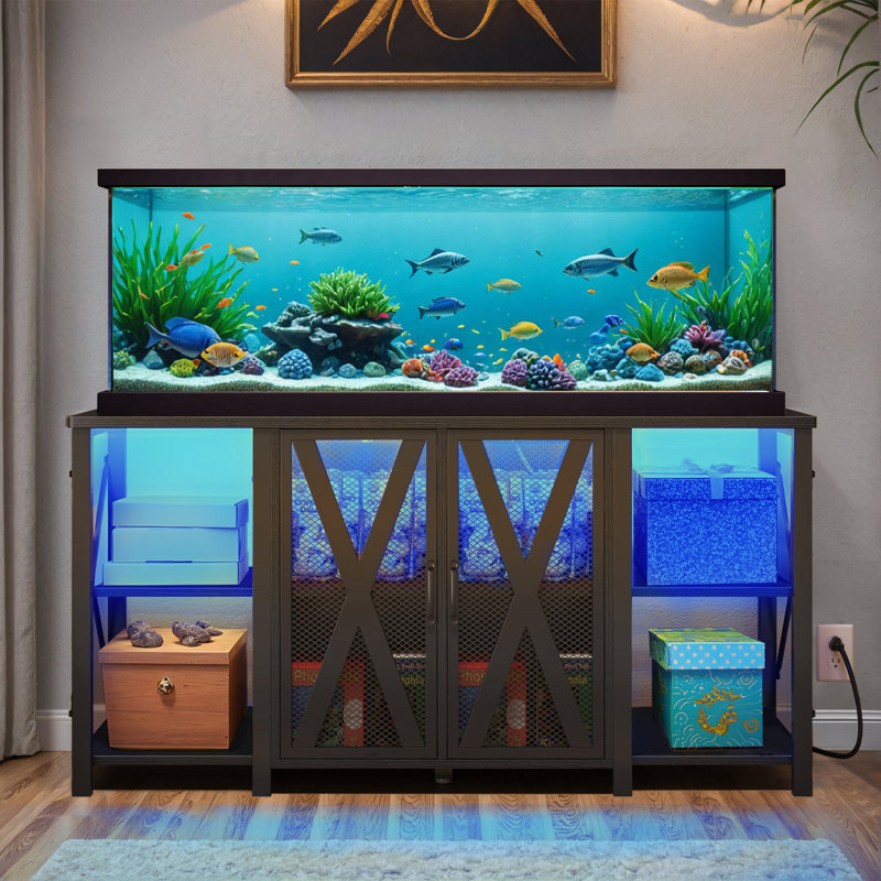 Black Heavy-Duty Metal Aquarium Stand with LED Light and Storage