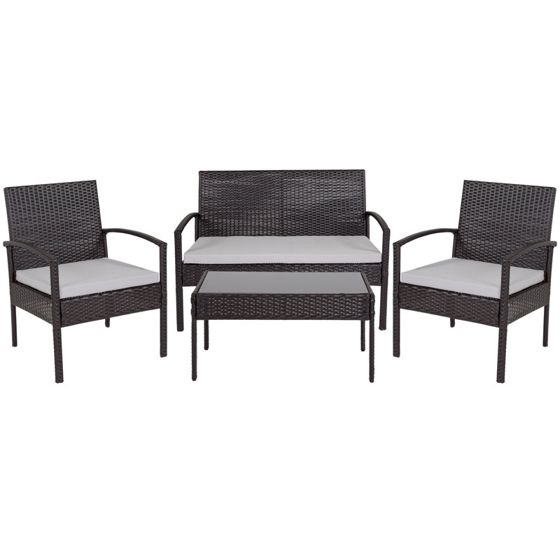 Accomac 4 Piece Outdoor Patio Seating Set with Steel Frame and Cushions, Black Frame/Gray Cushions