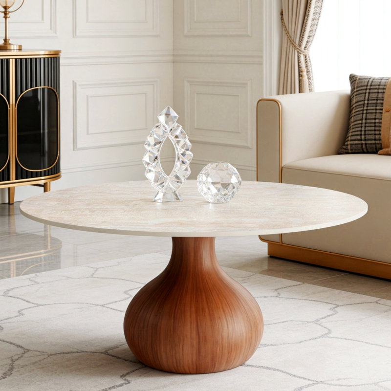 Gorman Modern Natural Travertine Stone Coffee Table 35.4" With Matte Fluid Texture, Living Dining Room Kitchen Small Round Table Centerpiece