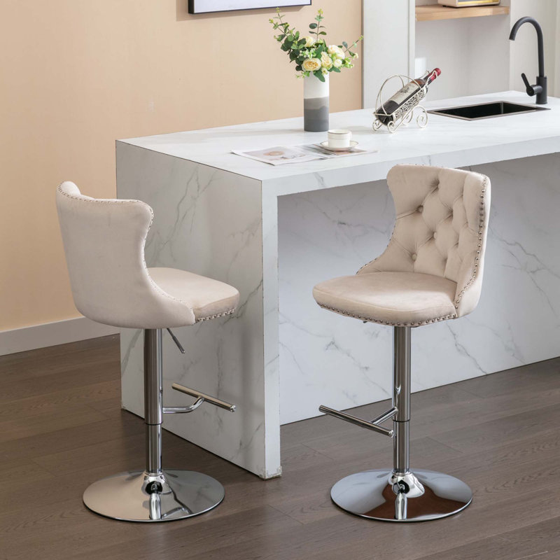 Swivel Barstools Adjusatble Seat, Modern Upholstered Bar Stools With Backs Comfortable Tufted For Home Pub And Kitchen Island, Set Of 2