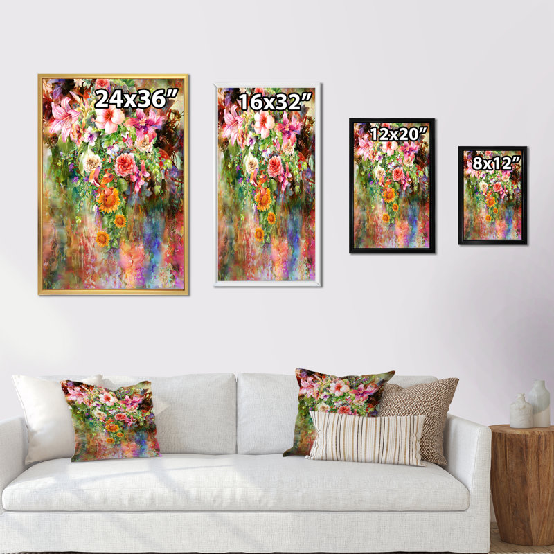Grunge rose vert fleurs d'été VI - Art mural sur toile traditionnel, H 32 po x l 16 po x P 1 po, Cadre flottant noir