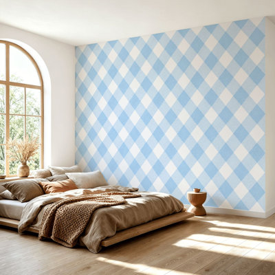 Wall Mural Peel and Stick Wallpaper pastel Light Blue Gingham Seamless checkered plaid Self-Adhesive Removable Contact Paper Wall Decor for Living Room Bedroom 69"H x 96"W