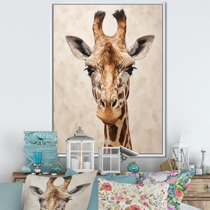 Minimalisme, portrait de girafe beige I sur toile, Cadre flottant blanc, H 32 po x l 24 po x P 1 po