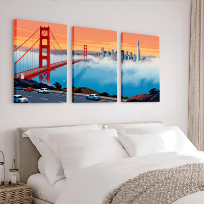 San Francisco Golden Gate Bridge and City Skyline Canvas Wrapped Wall Art Oil Painting Print Set of 3