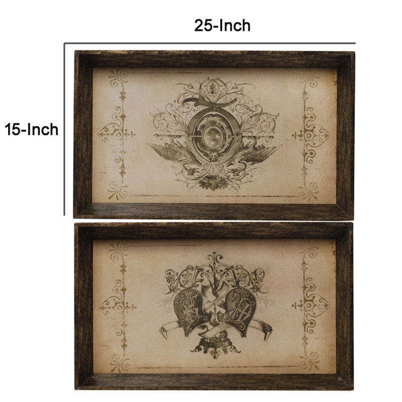 Decorative Serving Tray Set Of 2, Vintage Emblem Design, Cream Brown