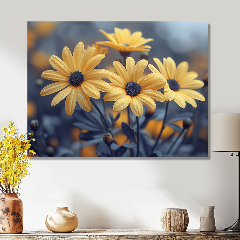 Monochromes jaunes et noirs, fleurs de la forêt II - marguerites, impression d'art mural, Métal métal