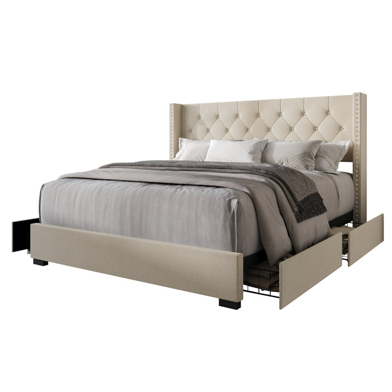 Sauger Upholstered Wingback Storage Bed, Queen, Beige