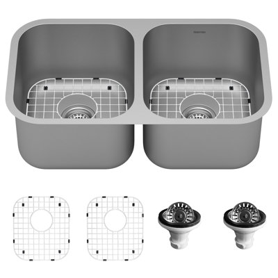 Karran 16- Gauge Stainless Steel 32-1/4'' X 18-1/2'' 50/50 Double Bowl Undermount Kitchen Sink Kit