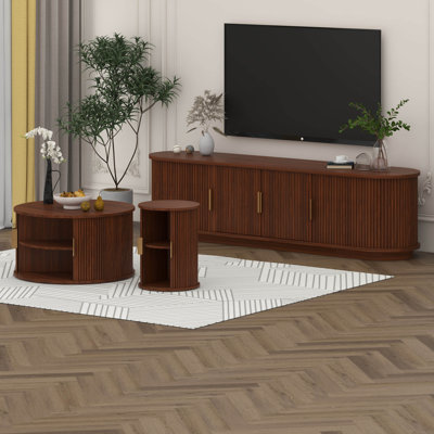 Ensemble de meuble télé et de table basse en bois avec portes coulissantes cannelées pour téléviseur de 75 po ou moins, console multimédia avec poignées en or