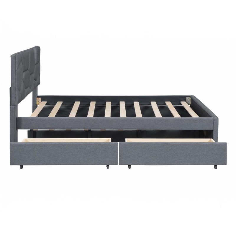 Lit plateforme avec tête de lit à motif brique, gris