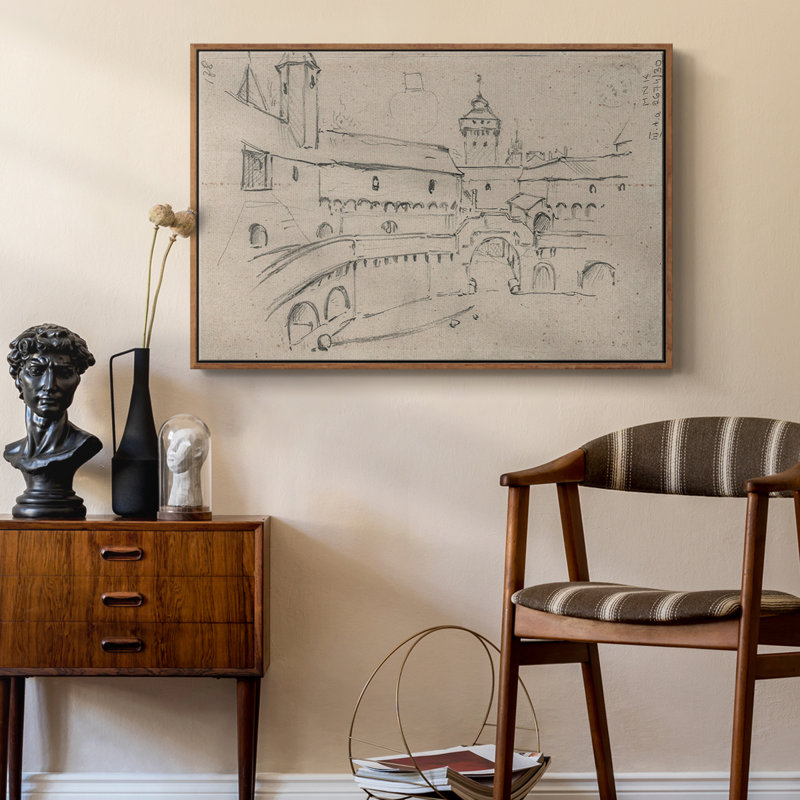 Croquis rétro-Lxxl, H 25 po x l 37 po x P 2 po, Toile encadrée noyer flottant