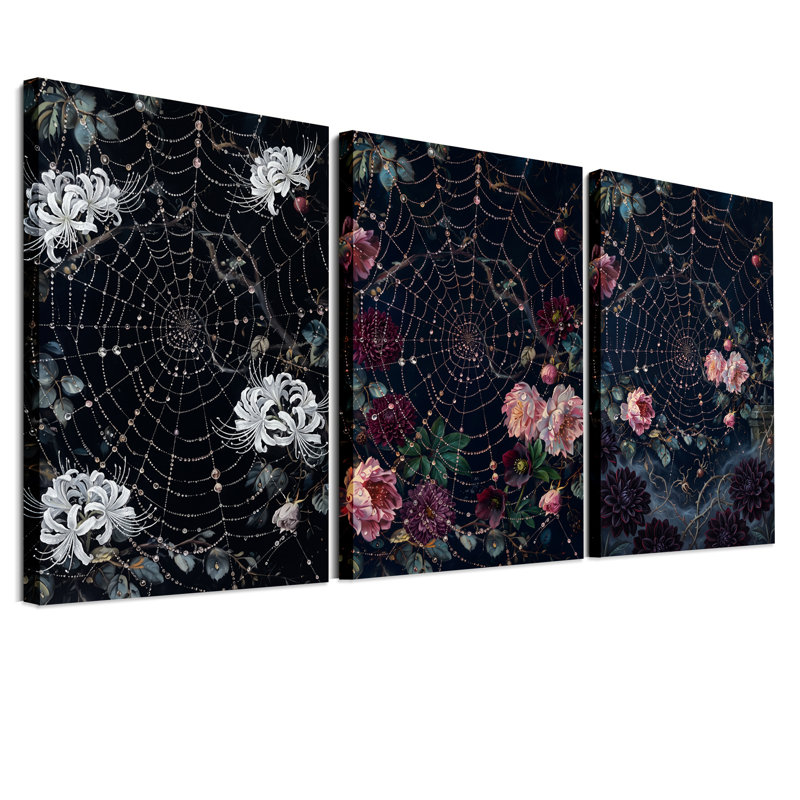 Triptyque de fleurs roses et blanches avec Halloween, ensemble de 3 toiles, H 30 po x l 20 po x 3 pièces