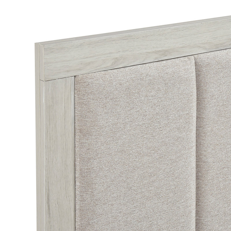 Très grand lit contemporain à deux tons en chêne blanc et gris, tête de lit tapissier en tissu moderne avec finition grise, pour la décoration