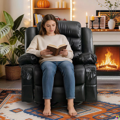 Bucklebury 39.76"W Oversize PU Power Recliner, Heater, Massage, Rocker, 360° Rotate, Cup Holders