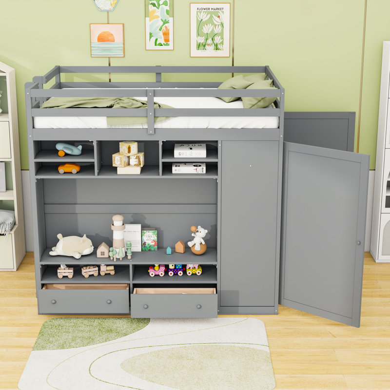 Lit mezzanine double en bois avec tiroirs de rangement, tablettes, garde-robe et lumière DEL, gris