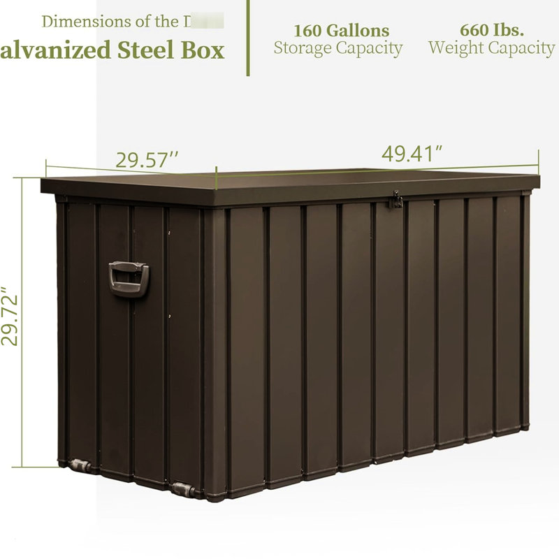 Boîte de rangement pour terrasse de 160 gallons - Brun foncé, imperméable, coussins de rangement verrouillables, coussins, outils de jardin en acier galvanisé, piston hydraulique, contenant extérieur de conception portative, imperméable