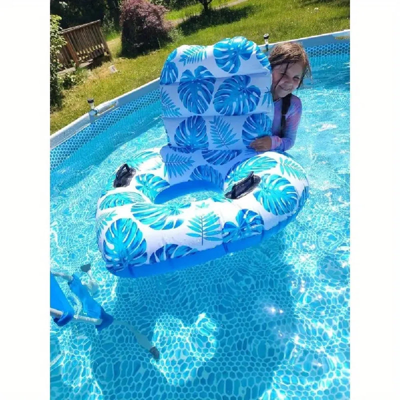 Chaise longue flottante pour piscine XL avec motif de feuilles tropicales - caoutchouc synthétique durable, capacité de 4 à 6 personnes, dossier et poignée ergonomiques pour piscine, lac, rivière - aucune électricité nécessaire, flotteurs de pisci