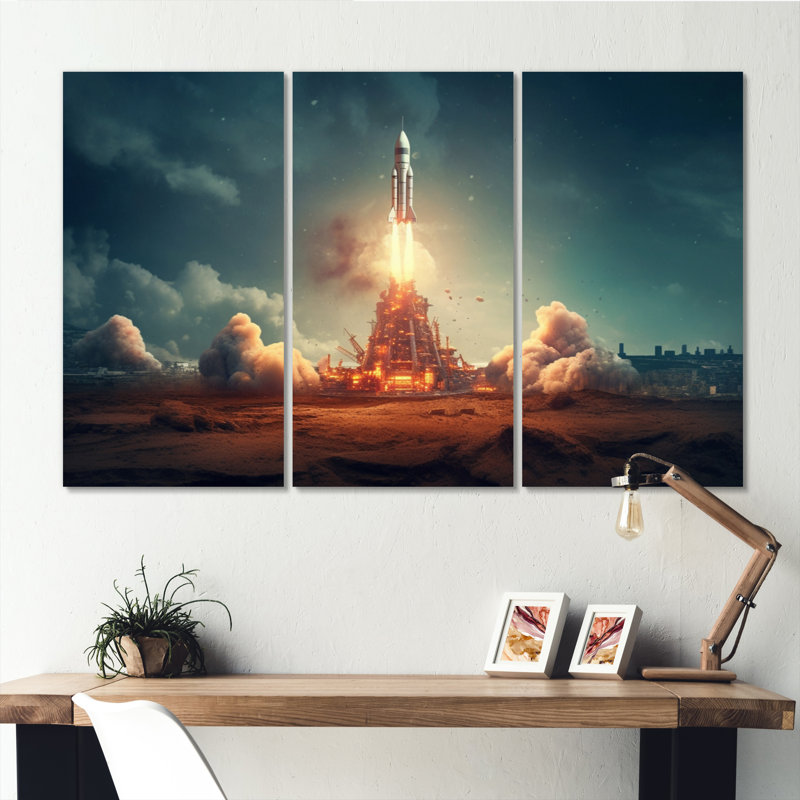 «Vintage Spaceship Rocket I», ensemble de reproduction d'art en métal fusée