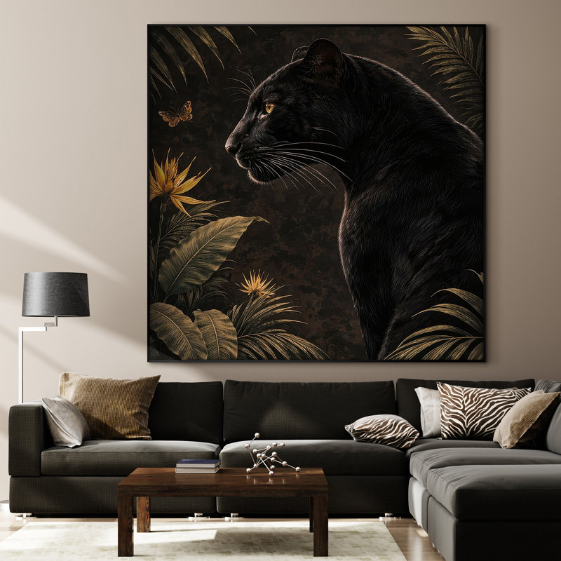 Très grand art mural imprimé sur tissu - Élégante panthère noire avec des accents botaniques dorés pour le salon - «Assemblage requis du cadre (cadre non fini)»