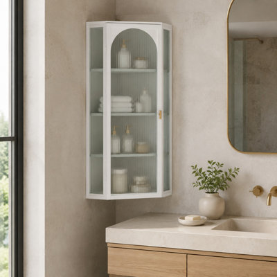 Wall Mounted Corner Cabinet with Glass Door and 4 Tier Storage