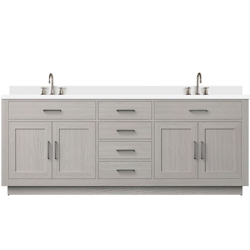 Meuble-lavabo double en chêne blanc avec comptoir en marbre de culture, robinets et meuble-lavabo à fermeture en douceur 84