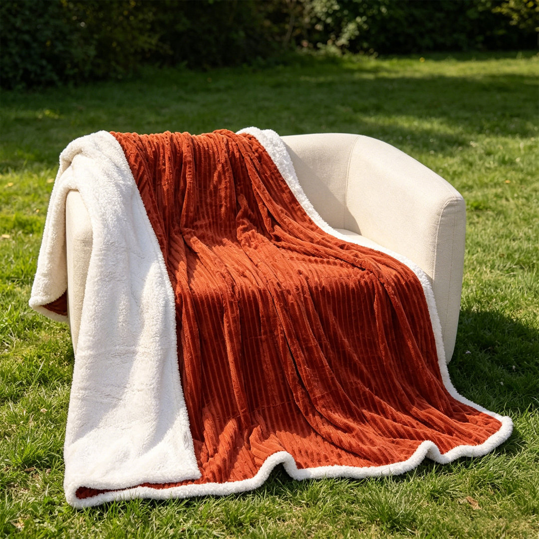 Striped Flannel & Sherpa Large Size Throw Blanket, Soft & Cozy Warm Blanket for Bed, 220 X 240CM