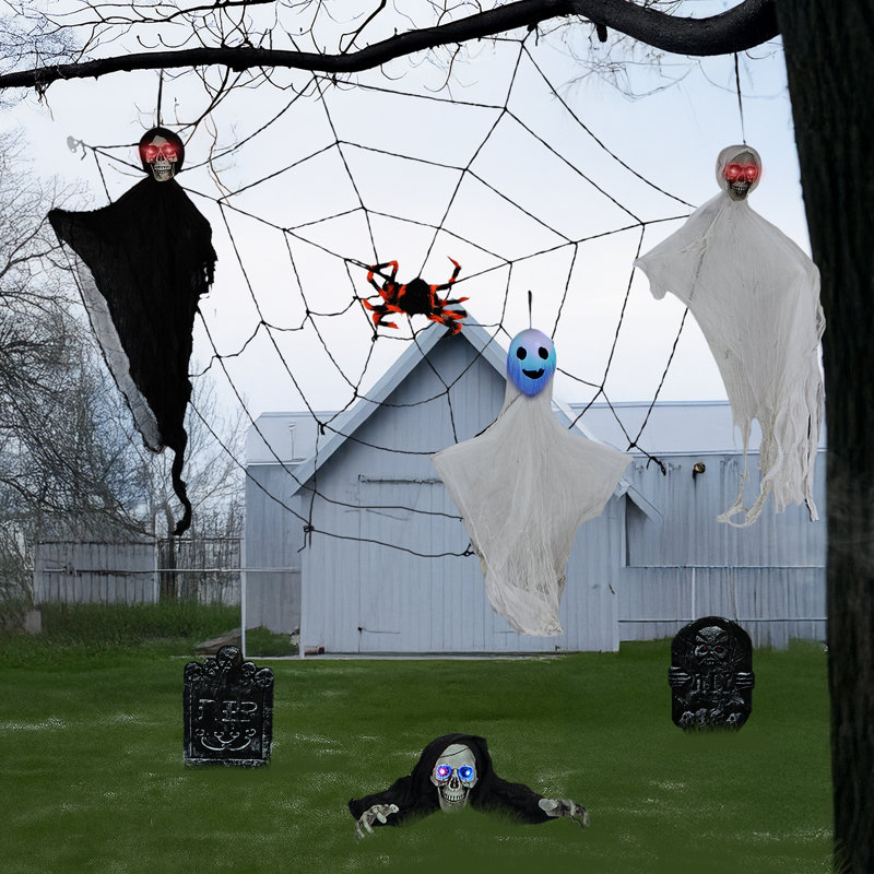 Ensemble de 8 décorations d'Halloween mixtes - fantômes de squelettes suspendus / fantôme rampant / pierre tombale / toile d'araignée, yeux lumineux, toile d'araignée de 5,9 pi, réutilisable durable, cour / patio / arbre / intérieur, décoration extérieure effrayante d'Halloween, accessoires effrayants, vente chaude