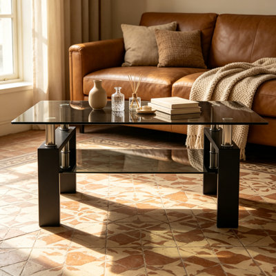 Rectangle Black Glass Coffee Table, Clear Coffee Table,Modern Side Center Tables for Living Room,Living Room Furniture