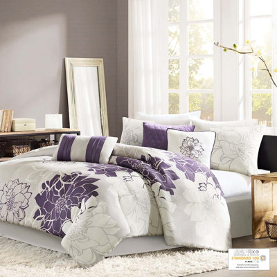 Literie en coton très grand imprimé - Gris taupe / mauve 1 édredon 2 jupes de lit 3 taies décoratives 3 coussins décoratifs attrayants