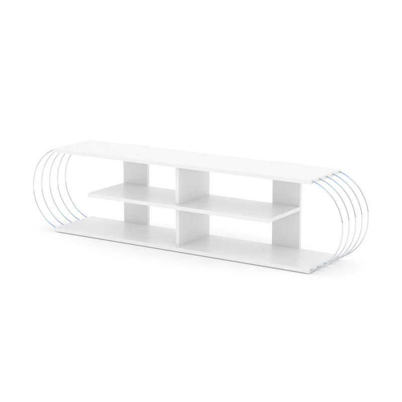 Meuble télé 68 po style moderne Mid-Century, 4 tablettes de rangement ouvertes, blanc / leurre, article de divertissement en bois massif
