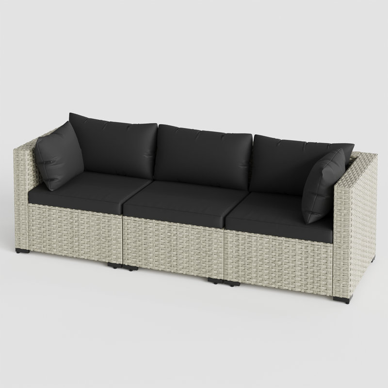 3 Pieces Rattan Patio Sofa With Cushions, Black