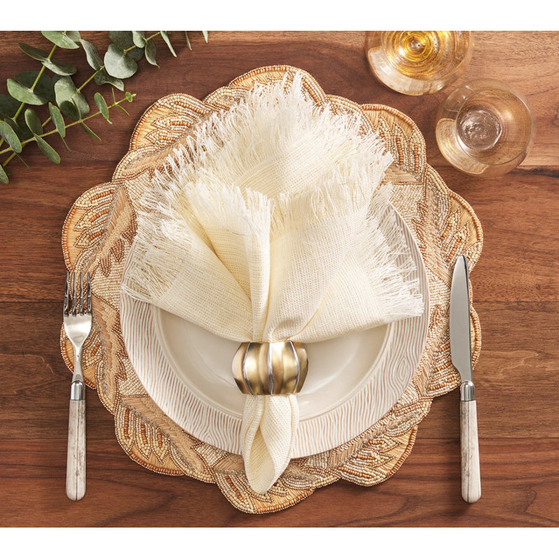 Fringe Linen Napkin, White/Gold
