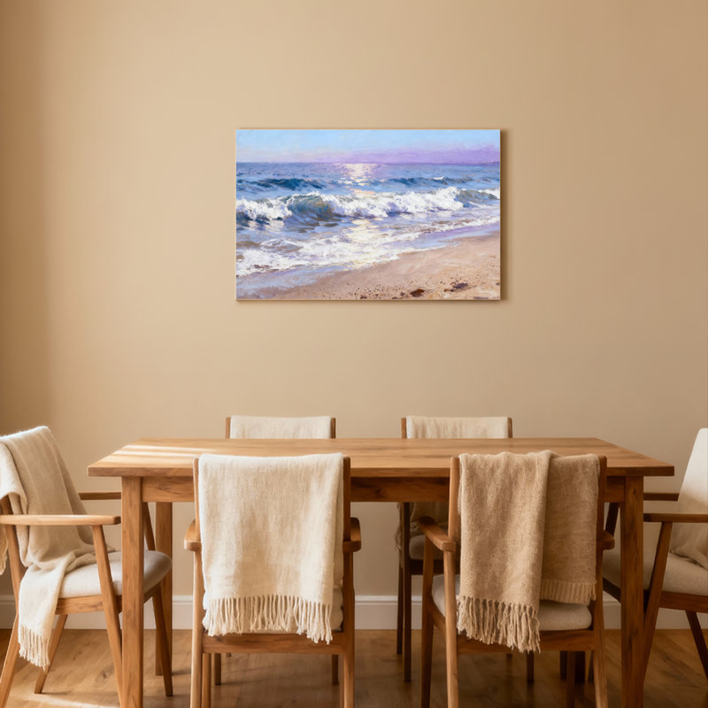 Ensemble d'une toile tendue représentant une scène de coucher de soleil sur la plage et les vagues de l'océan