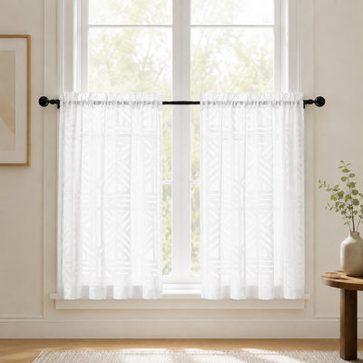 Sheer White Kitchen Curtains 36 Inch Length Tier Curtains 2 Panels, Light Filtering Geometric Jacquard Clip Textured Semi Sheer Curtains Short Window Curtains for Bathroom, 42x36 inch