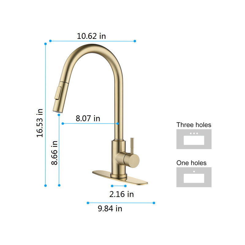 Robinet de cuisine rétractable à poignée simple avec douchette latérale, Doré