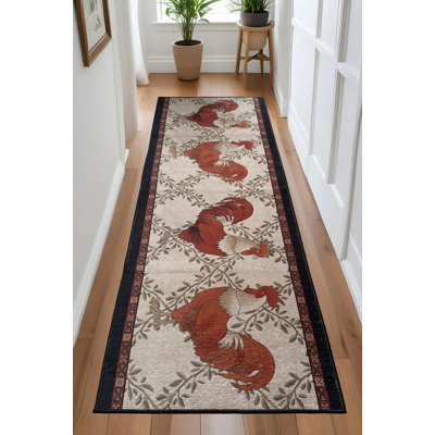 Custom Size Anti Slip Machine Washable Low Profile Beige with Red Rooster Runner Rug