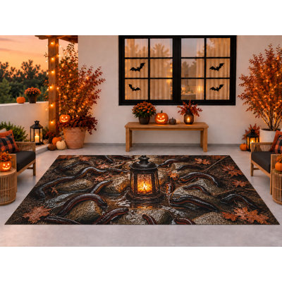 Tapis d'extérieur 152 x 213 cm, motif lanternes et vers de terre, automne/Halloween, imperméable, en PVC bouclé, séchage rapide, idéal pour porche, terrasse, balcon ou entrée.
