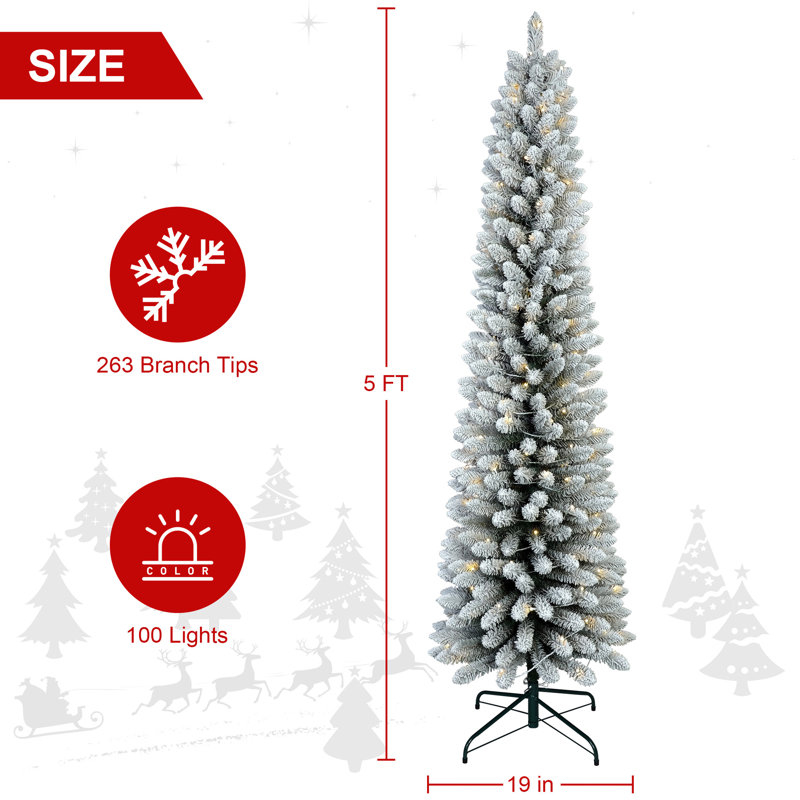 Arbre de Noël enneigé 5 pi avec 100 lumières à DEL intégrées, 263 pointes, facile à assembler dans les petites pièces profil blanc doux pour les espaces restreints
