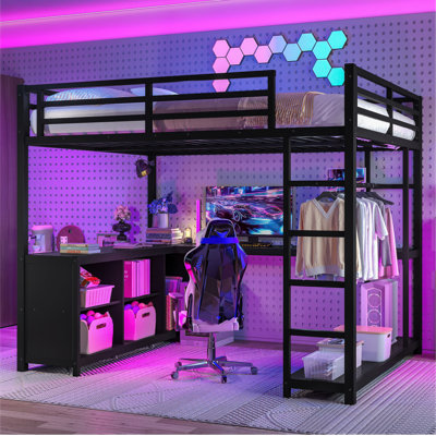 Lit mezzanine en métal avec garde-robe et bureau en forme de L, lit mezzanine simple avec cubes de rangement et tablettes, lit mezzanine pour enfants, adolescents, adultes, noir