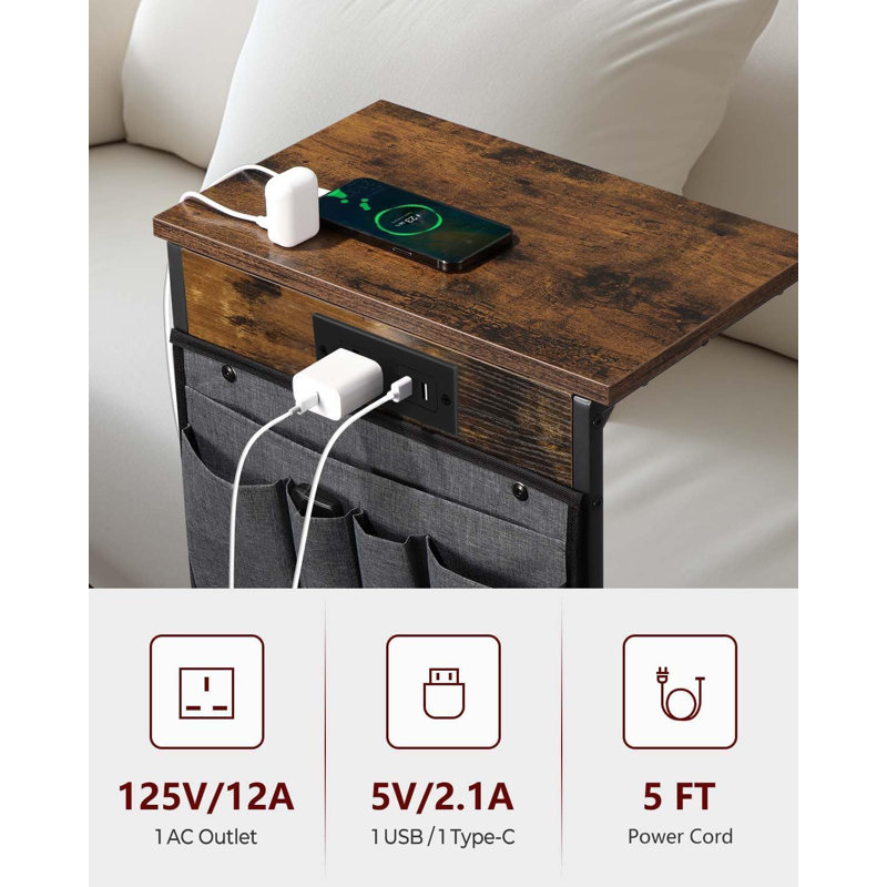C-Shaped End Table With Charging Station And Storage Bag, Compact Side Table For Couch, Recliner, And Sofa, Ideal For Living Room And Bedroom