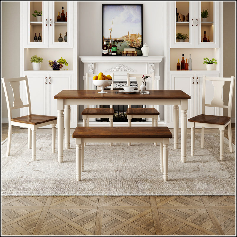 6-Piece Dining Set Wooden Table and 4 Chairs with Bench for Dining Room