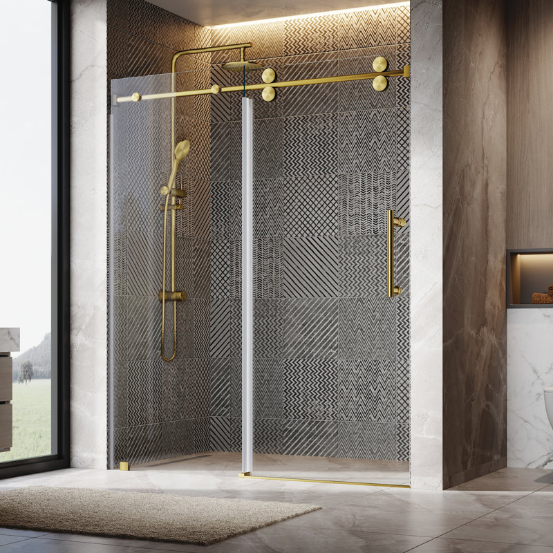 56"-60" W X 72" H Single Sliding Frameless Shower Door with Upgraded 3/8" Tempered Clear Glass, Gold