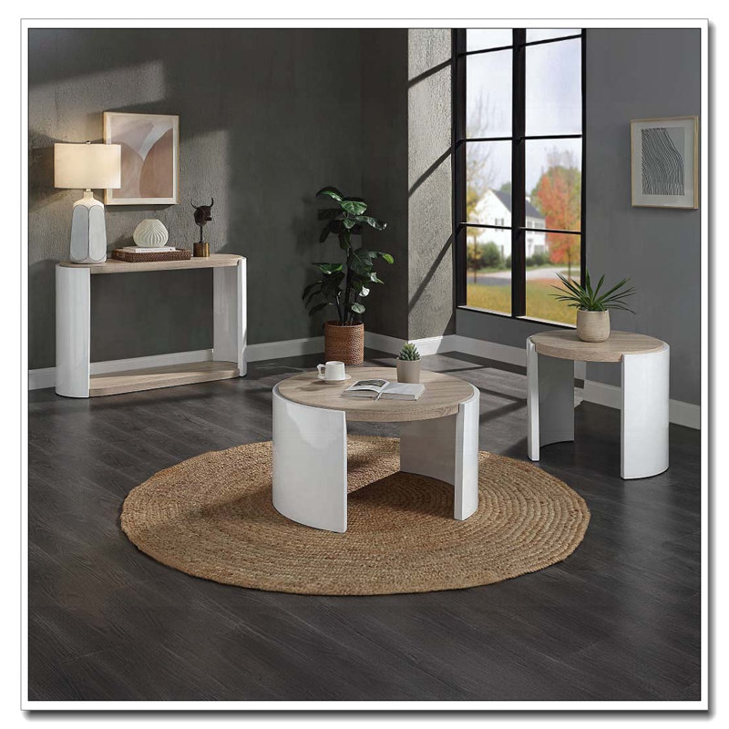 Table de canapé en chêne et blanc ultrabrillant avec tablette inférieure