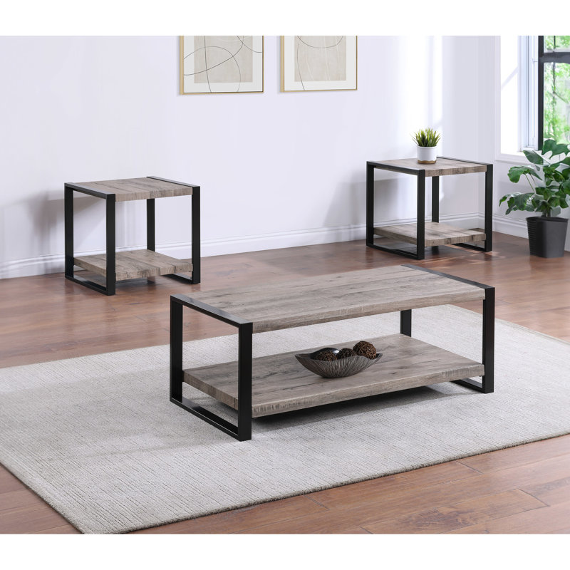 Table de bout de salon en style rustique gris avec rangement brun