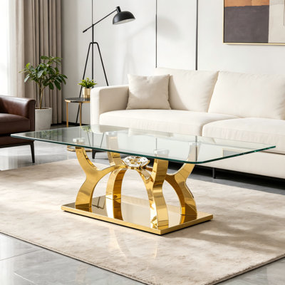 Table basse rectangulaire de luxe moderne avec base en acier inoxydable doré et verre trempé, centre de table rectangulaire 51,18 po