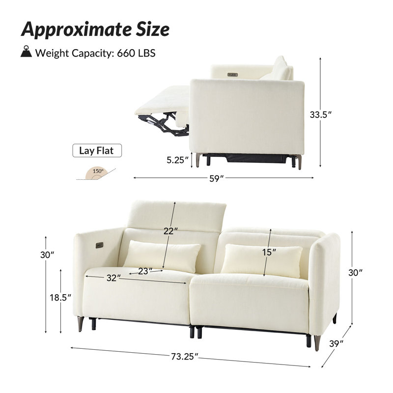Teekam 73.25"W Power Reclining Zero Gravity Sofa with Adjustable Headrest And Footrest, Ivory