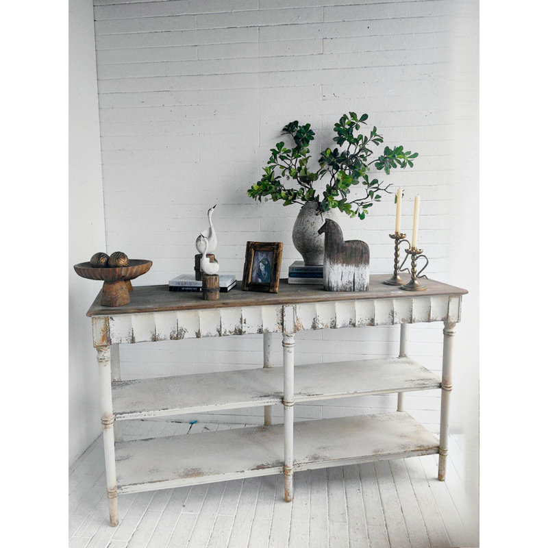 63” X 35” Wooden Three-tiered Console Table With Distressed White Finish And Scalloped Details, Farmhouse Accent Table