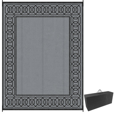  Tapis d'extérieur pour patio, grand tapis imperméable 9 x 12 po, tapis de paille en plastique réversible pour la décoration, tapis de camping extérieur pour camping-car pour pique-nique sur le porche de la cour arrière, bordure noire et grise